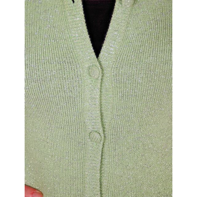 VTG 70s Oscar de la Renta Pale Green Silver Metallic Ribbed Cardigan M Women's Oscar De La Renta