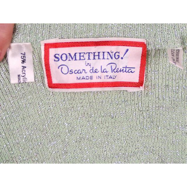 VTG 70s Oscar de la Renta Pale Green Silver Metallic Ribbed Cardigan M Women's Oscar De La Renta
