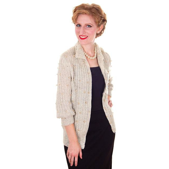 Vintage Sweater Ivory Pearl Studded Metallic Evening Cardigan by Ethel 1950s M - The Best Vintage Clothing
 - 1