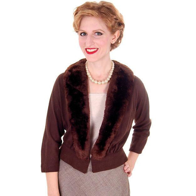 Vintage Brown Wool Sweater Jacket w/ Mouton Fur Trim 1950s Medium - The Best Vintage Clothing
 - 1