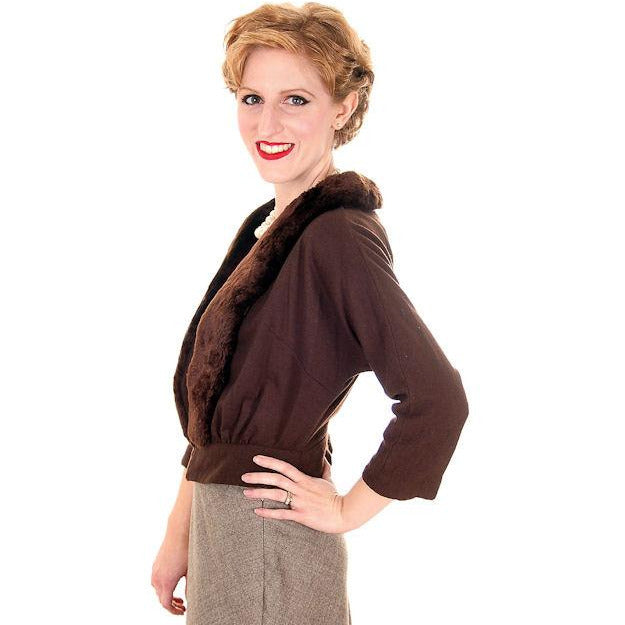 Vintage Brown Wool Sweater Jacket w/ Mouton Fur Trim 1950s Medium Women's vendor-unknown