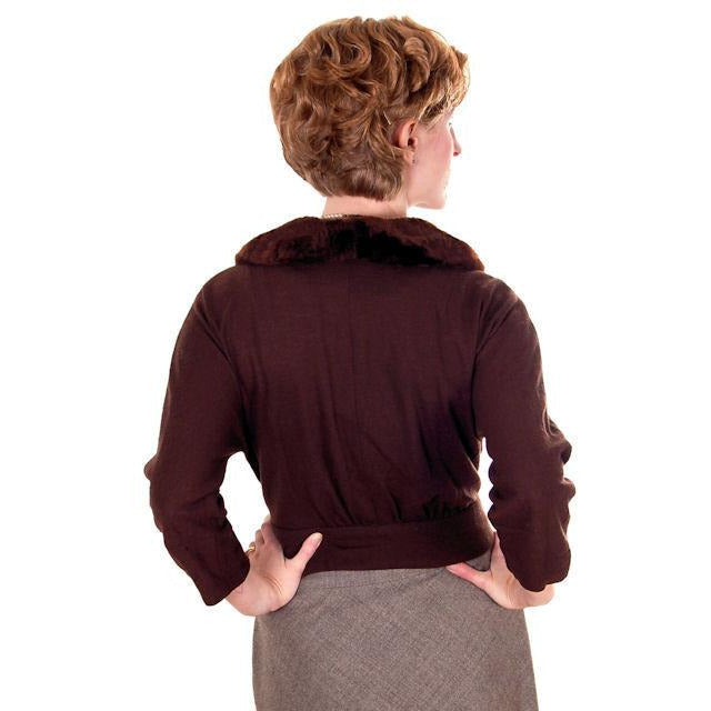 Vintage Brown Wool Sweater Jacket w/ Mouton Fur Trim 1950s Medium Women's vendor-unknown
