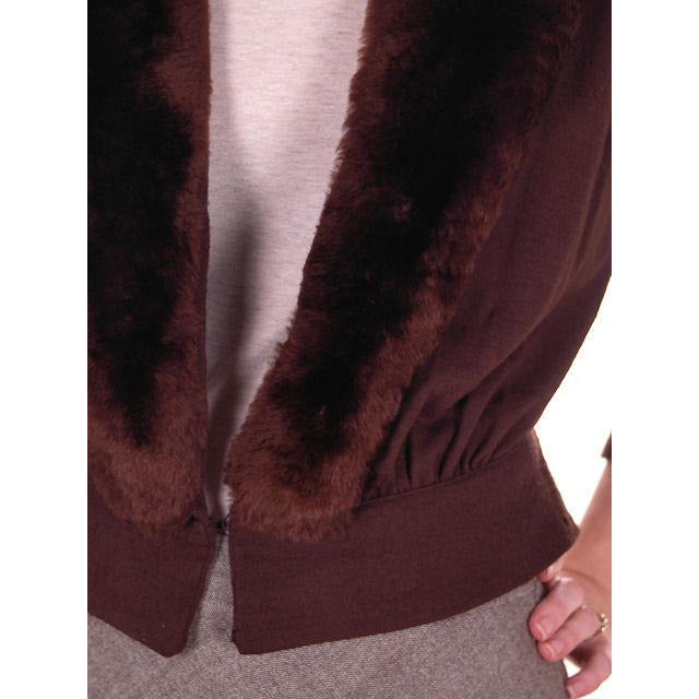 Vintage Brown Wool Sweater Jacket w/ Mouton Fur Trim 1950s Medium Women's vendor-unknown