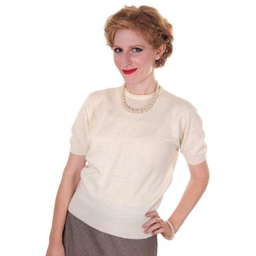 Vintage  Sweater Ivory Short Sleeved Ribbed Waistband Small - The Best Vintage Clothing
 - 1