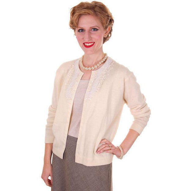 Vintage Cream Colored Wool/Angora Beaded Cardigan Sweater 1950s Lg Women's The Best Vintage Clothing