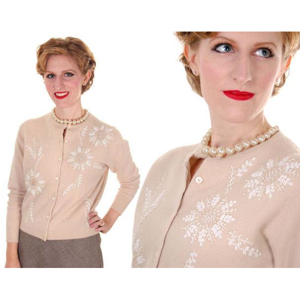 Vintage Taupe Cashmere Beaded Cardigan Sweater 1950s Small-Med Women's,New Arrivals The Best Vintage Clothing