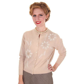 Vintage Taupe Cashmere Beaded Cardigan Sweater 1950s Small-Med - The Best Vintage Clothing
 - 1