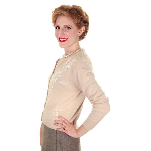 Vintage Taupe Cashmere Beaded Cardigan Sweater 1950s Small-Med Women's,New Arrivals The Best Vintage Clothing