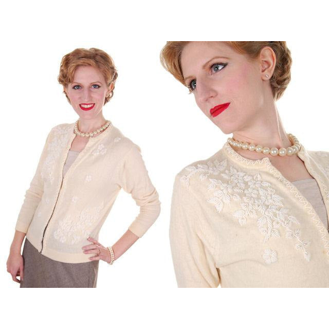 Vintage Cream Wool Beaded Cardigan Sweater 1950s S-M Women's,On Sale The Best Vintage Clothing
