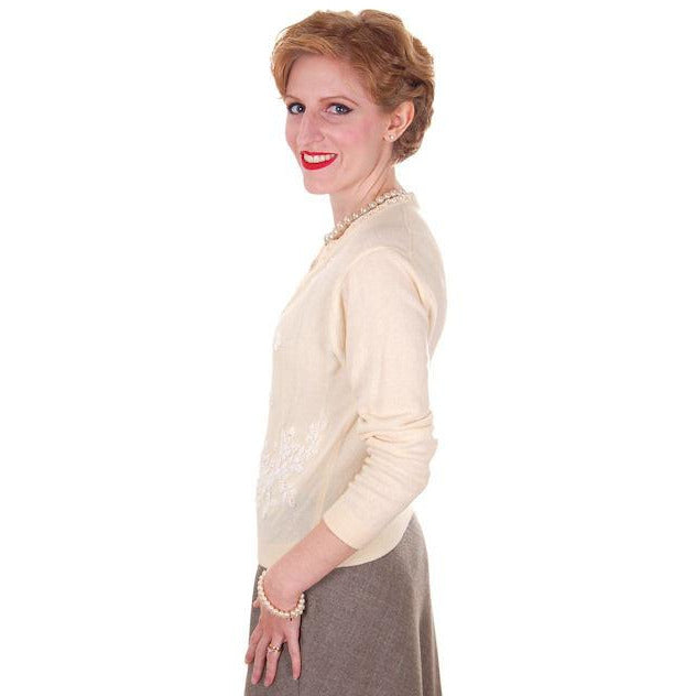 Vintage Cream Wool Beaded Cardigan Sweater 1950s S-M Women's,On Sale The Best Vintage Clothing