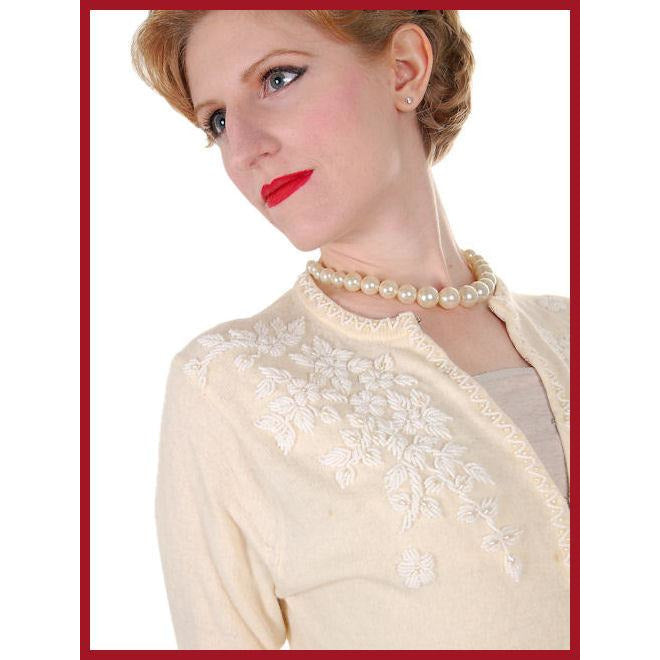 Vintage Cream Wool Beaded Cardigan Sweater 1950s S-M Women's,On Sale The Best Vintage Clothing