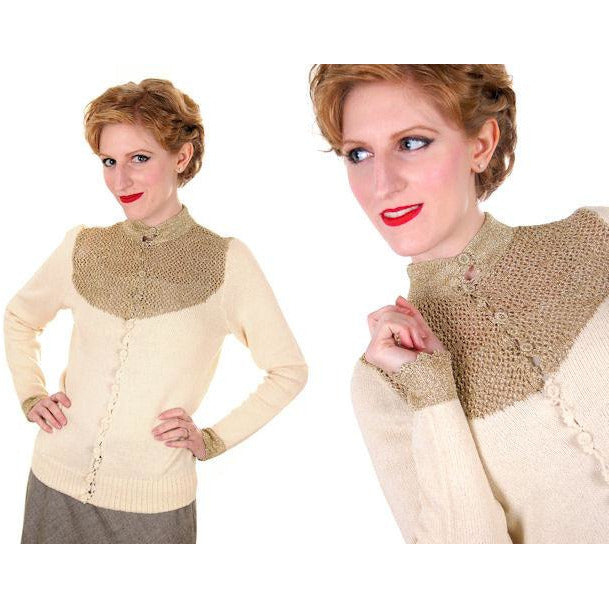 Vintage Silk Knit Sweater Metallic Gold Crochet Yoke Richard Assatly 1970s Small Women's,New Arrivals Richard Assatly
