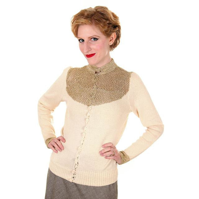 Vintage Silk Knit Sweater Metallic Gold Crochet Yoke Richard Assatly 1970s Small - The Best Vintage Clothing
 - 1