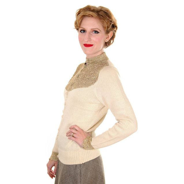 Vintage Silk Knit Sweater Metallic Gold Crochet Yoke Richard Assatly 1970s Small Women's,New Arrivals Richard Assatly