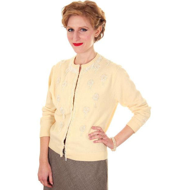 Vintage Cream Colored Cashmere Beaded Cardigan Sweater 1950s Lg Women's The Best Vintage Clothing