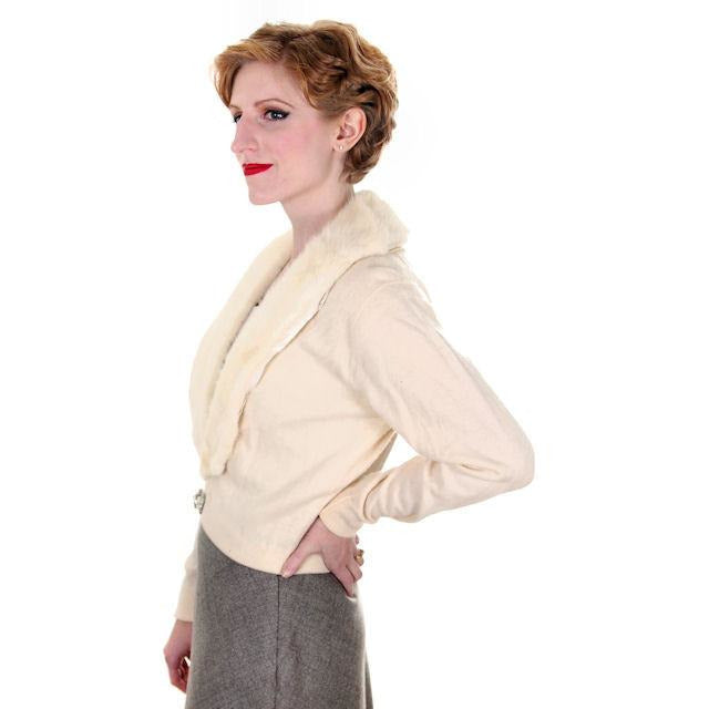 Vintage Ladies Pringle Cashmere Sweater w/ Mink Collar Cream 1950s Women's The Best Vintage Clothing