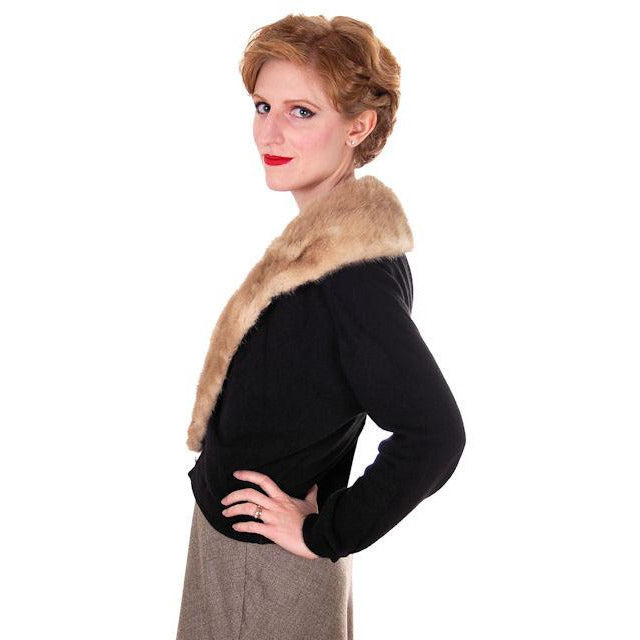 Vintage Black Cashmere Sweater w/Mink Collar 1950s Lg-XL Women's The Best Vintage Clothing