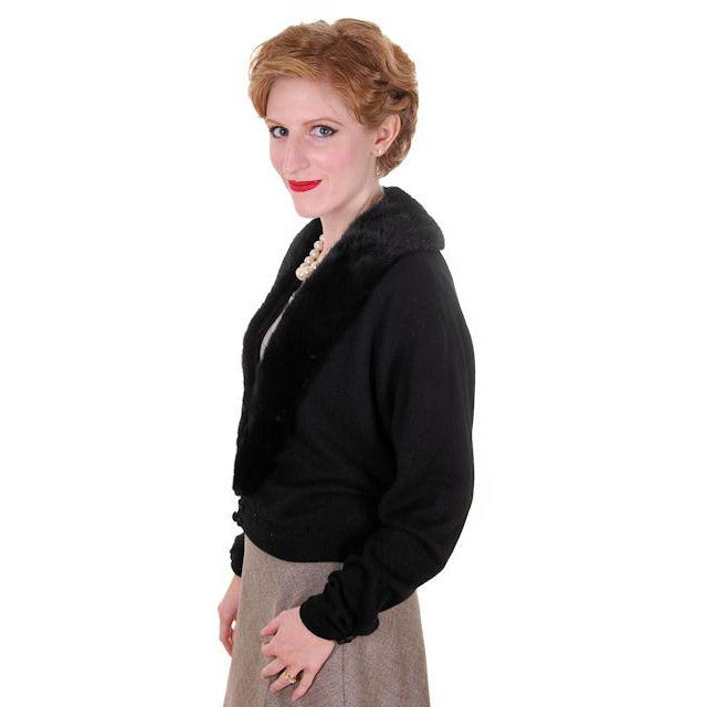 Vintage Ladies Black Cashmere Sweater w/Black Mink Collar 1950s Lg-XL Women's,New Arrivals vendor-unknown