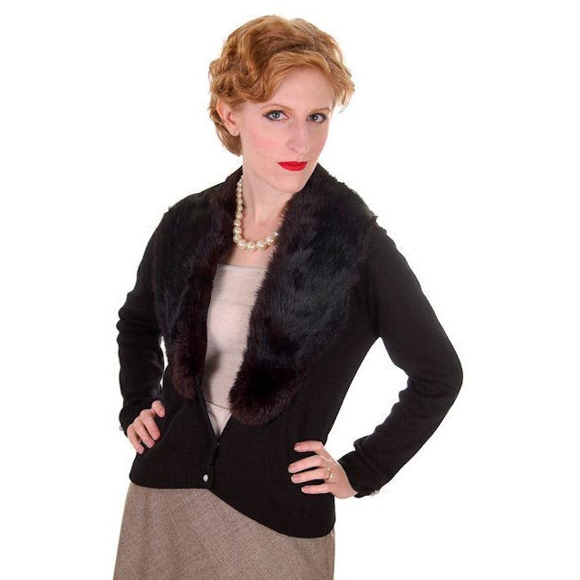 Vintage Black Sweater w/Dark Brown Fur Shawl Collar 1950s M Women's,On Sale The Best Vintage Clothing