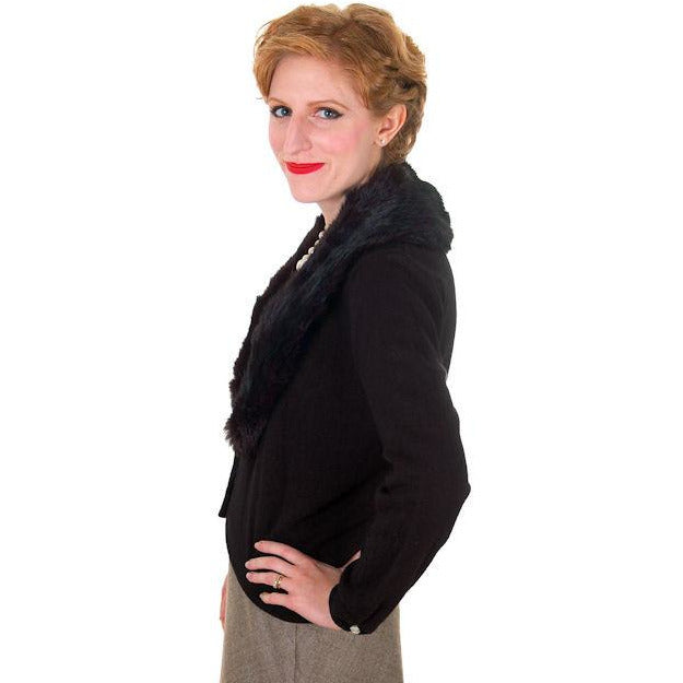 Vintage Black Sweater w/Dark Brown Fur Shawl Collar 1950s M Women's,On Sale The Best Vintage Clothing