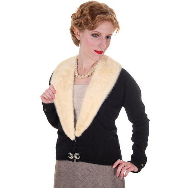 Vintage Ladies Black Cashmere Sweater w/Cream Mink Collar 1950s Med-Lg Women's,New Arrivals The Best Vintage Clothing