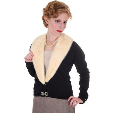 Vintage Ladies Black Cashmere Sweater w/Cream Mink Collar 1950s Med-Lg - The Best Vintage Clothing
 - 1