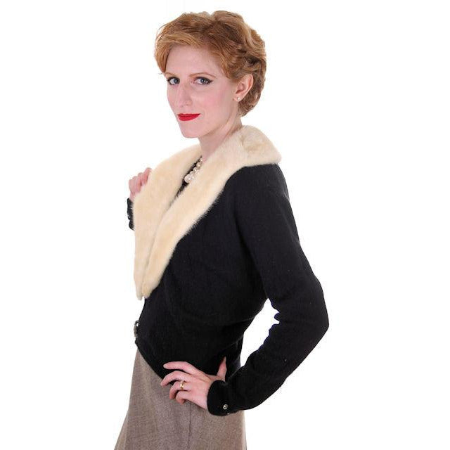 Vintage Ladies Black Cashmere Sweater w/Cream Mink Collar 1950s Med-Lg Women's,New Arrivals The Best Vintage Clothing