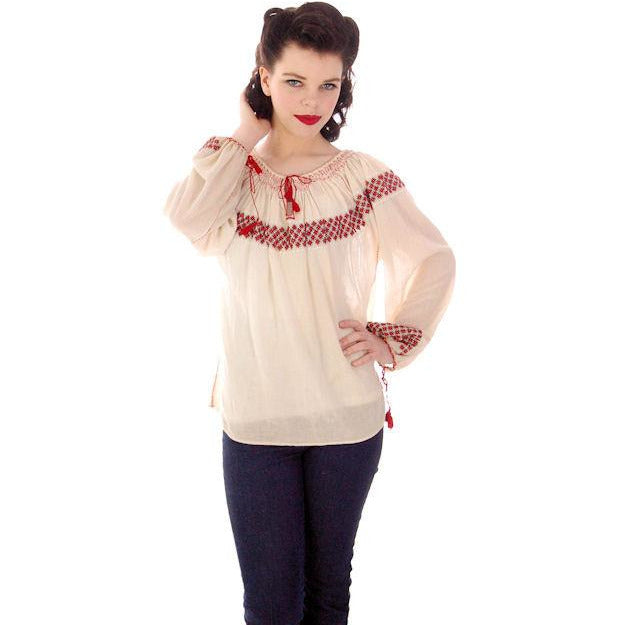 Vintage Gauze Peasant Blouse 1920s Red Embroidery S-L Size - The Best Vintage Clothing
 - 1