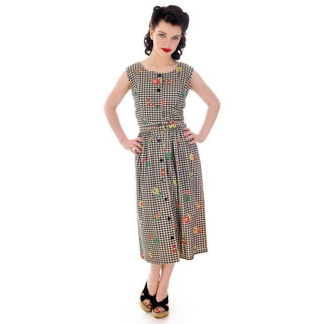 Vintage Cotton 2 PC Playsuit/Skirt Black & White Gingham & Flowers 1940s 38-29-41 Women's,New Arrivals The Best Vintage Clothing