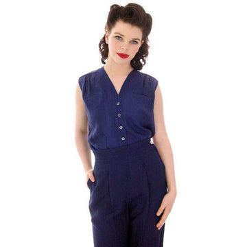 Vintage Linen Sleeveless Blouse Navy Blue Edith Fornarotto 1940s 38" Bust - The Best Vintage Clothing
 - 1