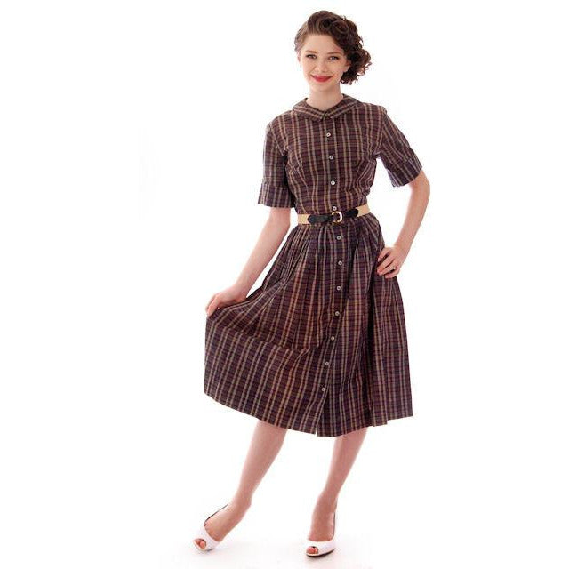 Vintage  Cotton Shirt Dress Brown Plaid Barnesville 1950s NOS 36-25-Free - The Best Vintage Clothing
 - 1