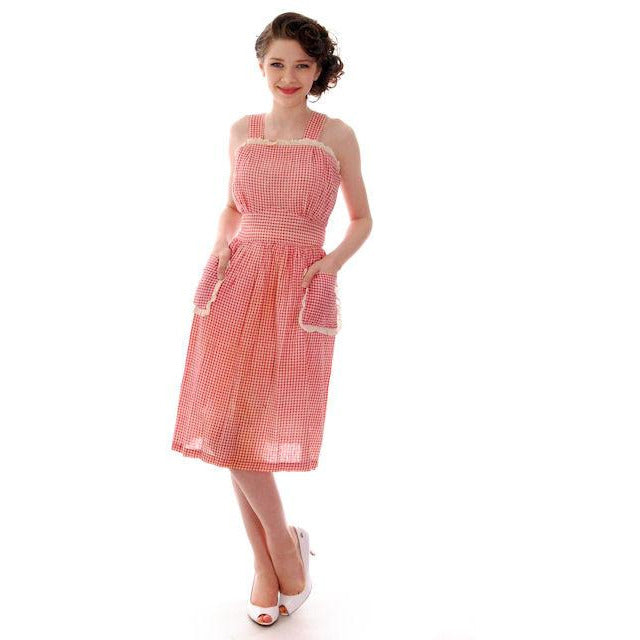 Vintage Pinafore Dress Red Gingham Back Button Oh So Cute 1940s 34-26-Free Women's,New Arrivals The Best Vintage Clothing