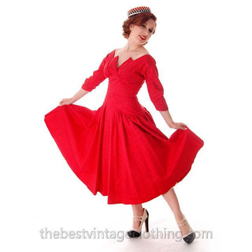 Vintage Party Dress Red Faille Super Fitted Waist Full Skirt 1940s Small - The Best Vintage Clothing
 - 1
