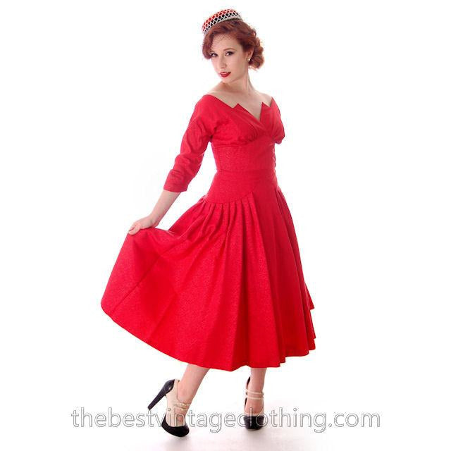 Vintage Party Dress Red Faille Super Fitted Waist Full Skirt 1940s Small Women's,New Arrivals The Best Vintage Clothing