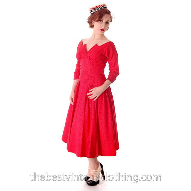 Vintage Party Dress Red Faille Super Fitted Waist Full Skirt 1940s Small Women's,New Arrivals The Best Vintage Clothing
