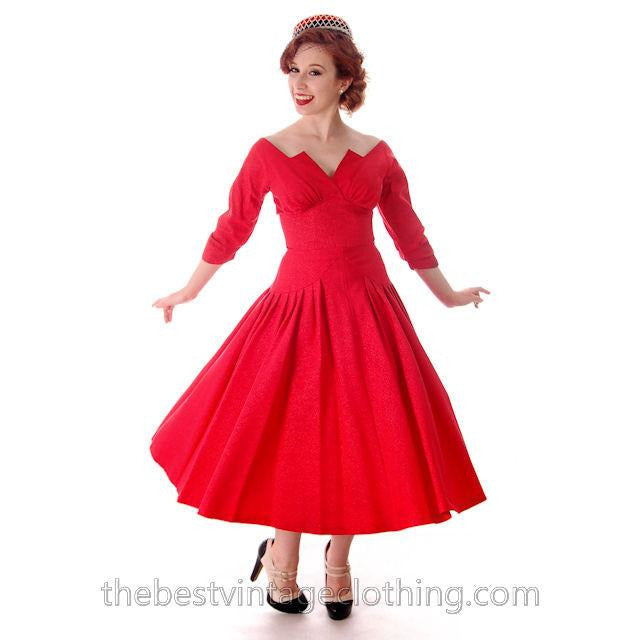 Vintage Party Dress Red Faille Super Fitted Waist Full Skirt 1940s Small Women's,New Arrivals The Best Vintage Clothing