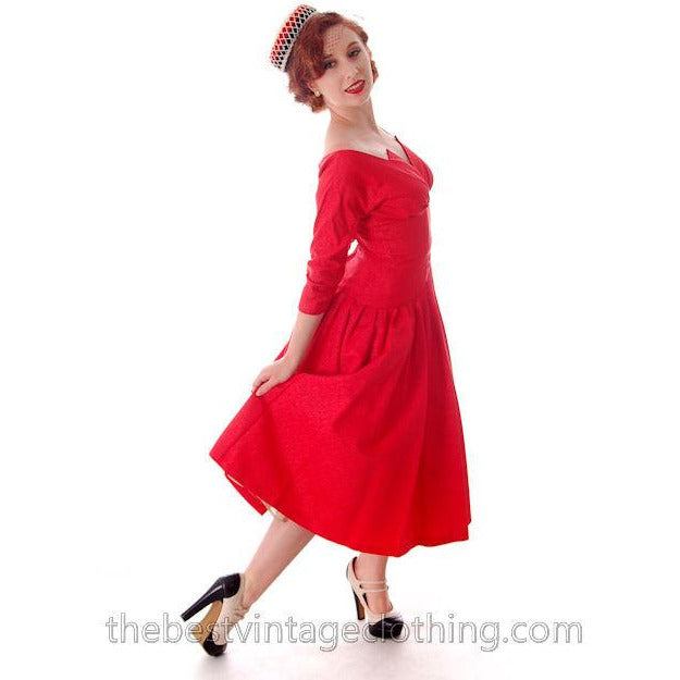 Vintage Party Dress Red Faille Super Fitted Waist Full Skirt 1940s Small Women's,New Arrivals The Best Vintage Clothing