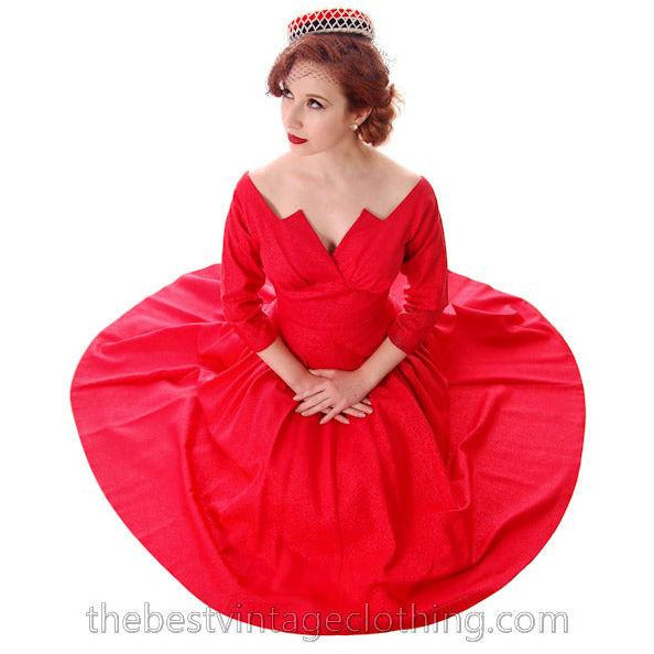 Vintage Party Dress Red Faille Super Fitted Waist Full Skirt 1940s Small Women's,New Arrivals The Best Vintage Clothing