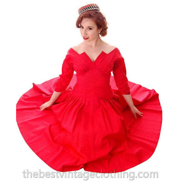 Vintage Party Dress Red Faille Super Fitted Waist Full Skirt 1940s Small Women's,New Arrivals The Best Vintage Clothing