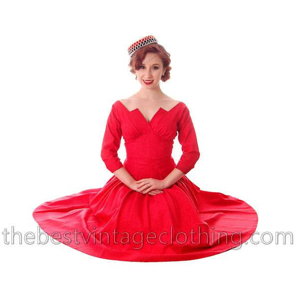 Vintage Party Dress Red Faille Super Fitted Waist Full Skirt 1940s Small Women's,New Arrivals The Best Vintage Clothing