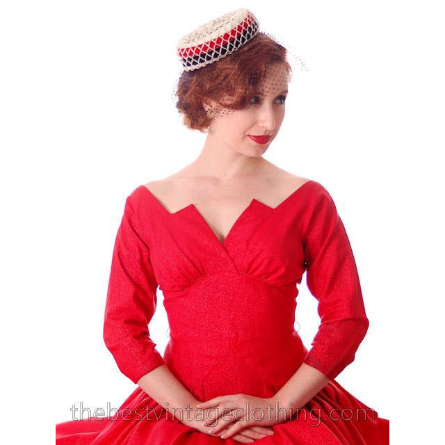 Vintage Party Dress Red Faille Super Fitted Waist Full Skirt 1940s Small Women's,New Arrivals The Best Vintage Clothing