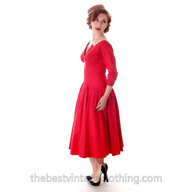 Vintage Party Dress Red Faille Super Fitted Waist Full Skirt 1940s Small Women's,New Arrivals The Best Vintage Clothing