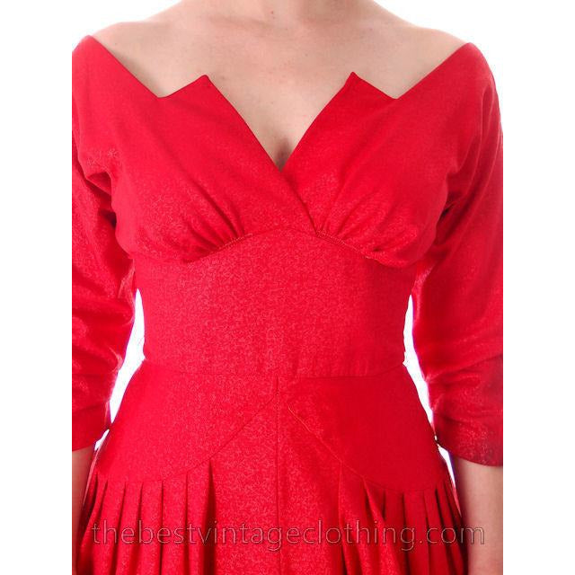 Vintage Party Dress Red Faille Super Fitted Waist Full Skirt 1940s Small Women's,New Arrivals The Best Vintage Clothing