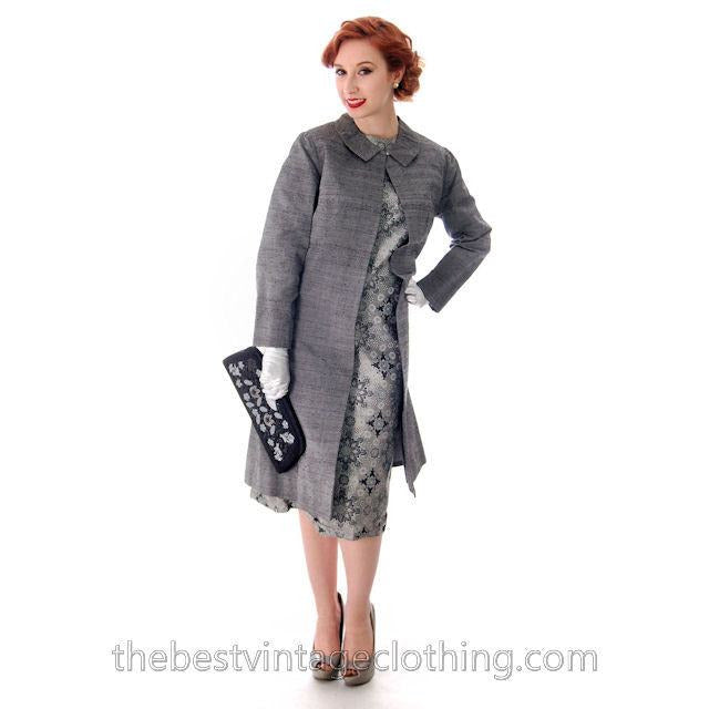 Vintage Dress And Silk Coat Silver Metallic Damask Fitted Sheath Dress 1960s Small - The Best Vintage Clothing
 - 1