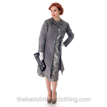 Vintage Dress And Silk Coat Silver Metallic Damask Fitted Sheath Dress 1960s Small Women's,New Arrivals The Best Vintage Clothing