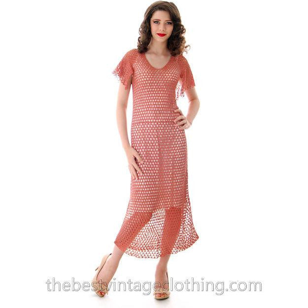 Vintage Dusty Rose Pink Crochet Day or Tea Dress 1930s Small Women's,New Arrivals The Best Vintage Clothing