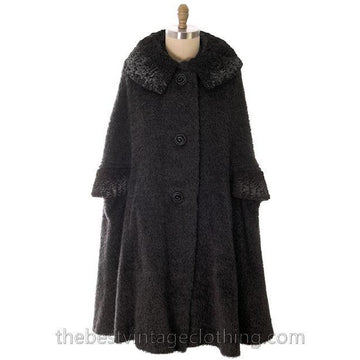Vintage Swing Cape Coat Charcoal Mohair Persian Lamb Trim 1940s Berroco One Size Women's,New Arrivals vendor-unknown