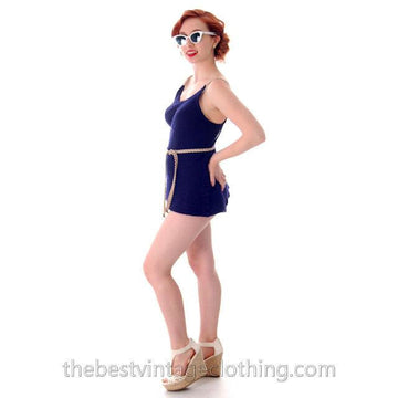 Vintage Womens Swim Suit Wool Navy Blue Braided Straps 1930s 36-34-38 Women's,New Arrivals vendor-unknown