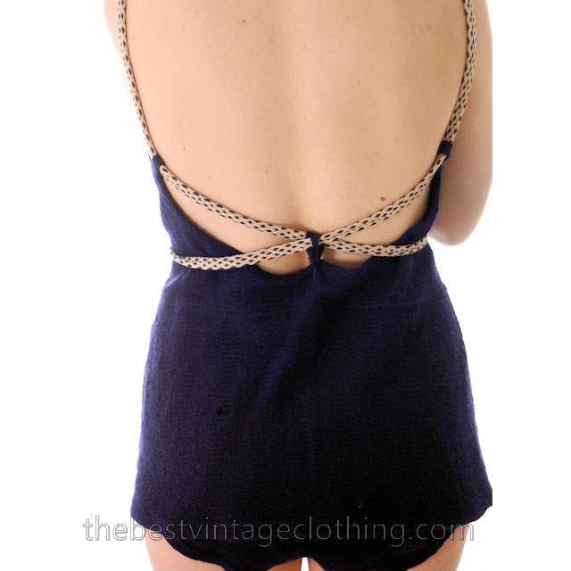 Vintage Womens Swim Suit Wool Navy Blue Braided Straps 1930s 36-34-38 Women's,New Arrivals vendor-unknown