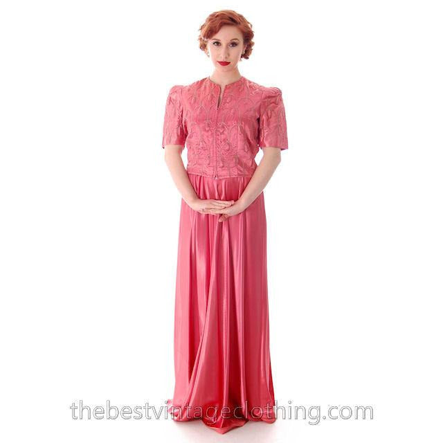 Vintage Evening Gown Pink Satin Metallic Soutcahe  Jacket 1940s 36-29-48 M - The Best Vintage Clothing
 - 1